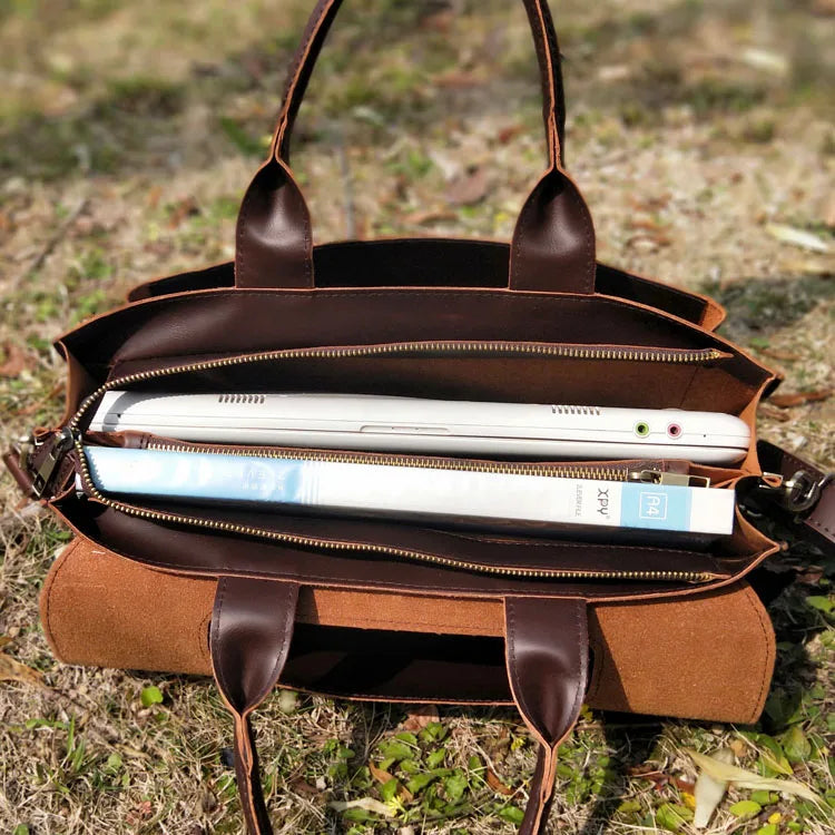 No-EN-Name-Null Women Modern Brown Rectangle Shaped Hard Faux Leather Metal Zipper A4 File Document Bag Polyester Lining Built-In 14 Inch Laptop Compartment One Shoulder Soft Straps-Two Soft Handles Business Briefcases/ Colors-Black/Brown/Gray
