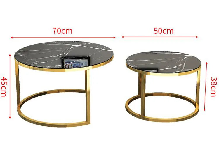 TIEHO Modern 2-In-1 Combination Cafe Black Round Shaped Tempered Glass Tabletop White Iron Metal Frame Base Nesting Coffee Table Sets