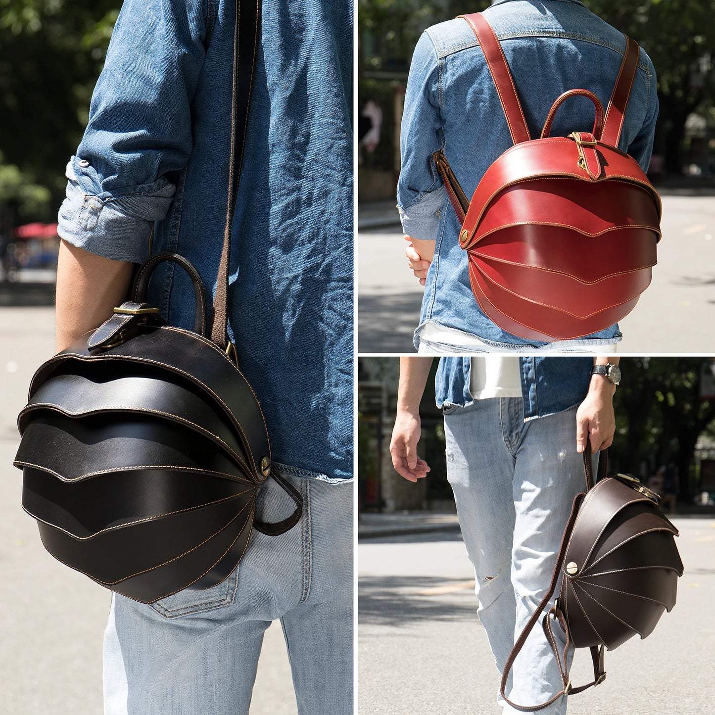 WESTAL Women Mini Round External Frame Beetle Shaped Red Genuine Leather Curve Back Support Polyester Zipper Lining Internal Pockets Built-In Tablet Compartment Shoulder Straps-Handle Anti-Theft Pockets Backpacks/Keychain Holder/Colors-Red/Black/Brown