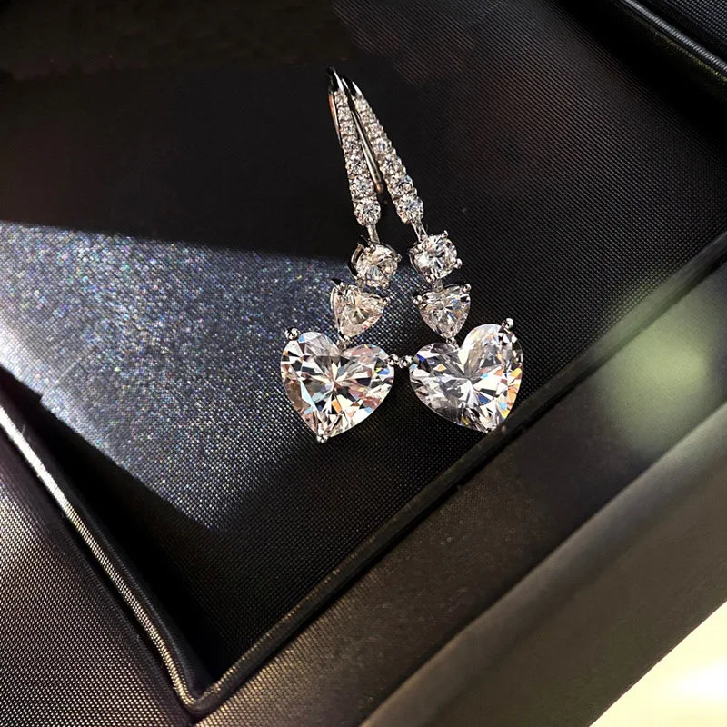 VECALON 2 PCS Adult Women Fine Sterling Silver-Plated Metal Shiny Clear Heart Shaped Zircon Stone Long Dangle Water Drop Earrings-Sterling Sliver-Plated Zircon Stone Heart Shaped Necklace Jewelry Sets