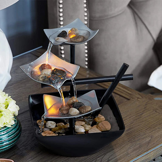 Indoor Small 3-Tiers Metal Silver Squares Pebbles Flowing Water Iron Black Bowl Desktop Fountains