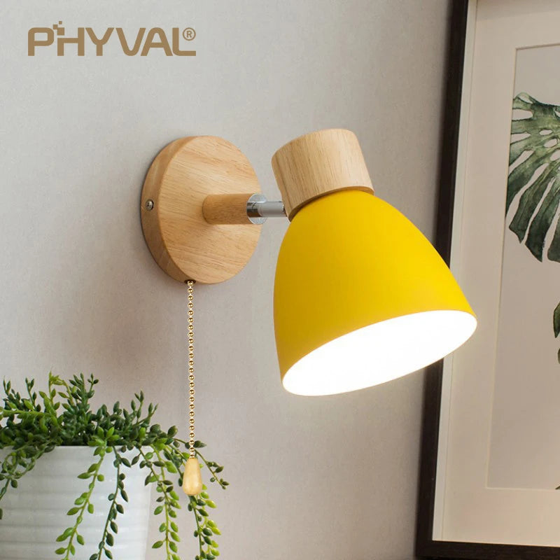 Nordic Iron Plain Dyed Up-Down Shade Direction Wall Mounted Wood Base Wall Lamps/Colors-White/Green/Yellow/Black/Gray/Pink/Bulb Cap Type E27