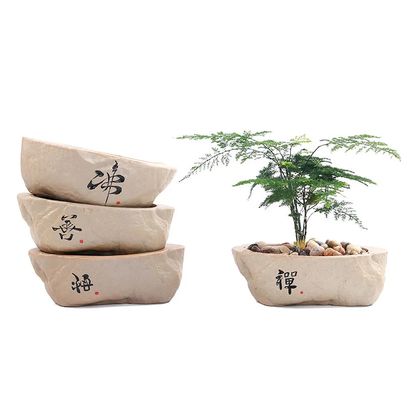 Home Garden Round Glazed Ceramic Beige-Green Color Black Chinese Writing Design Non-Porous Perforated Desktop Flower Pots