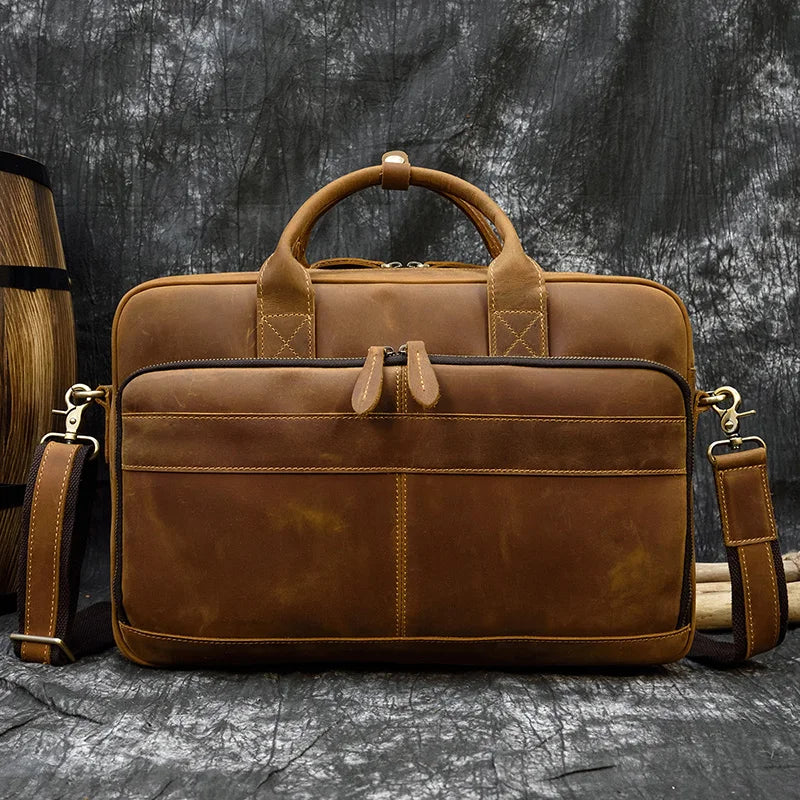 NEWSBIRDS Men Modern Rectangle Shaped Brown-Black Genuine Cowhide Leather Built-In 14-15.6 Inch Single Laptop Compartment Metal Zipper Two Handles-Detachable-Adjustable Shoulder Strap Briefcases