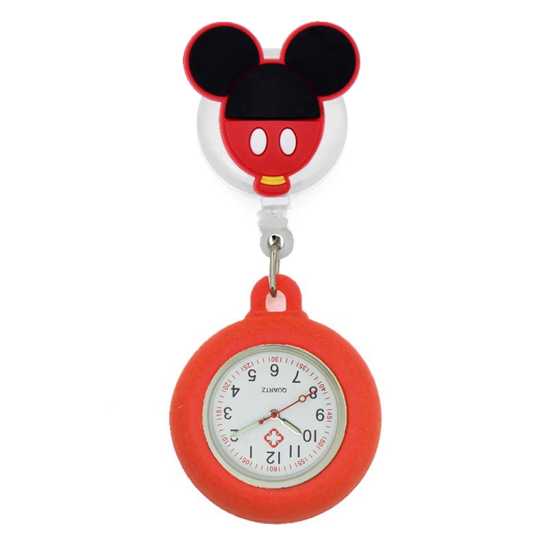 No-EN-Name-Null Adults Waterproof Glass Face Yellow Silicone Cover Round Shaped Metal Alloy Case Quartz Analog-Digital Display Cartoon Mickey Mouse Head Design Retractable Badge Reel-Fob Pocket Watches/Colors-Pink/Light Blue/Neon Pink/Dark Blue/Yellow