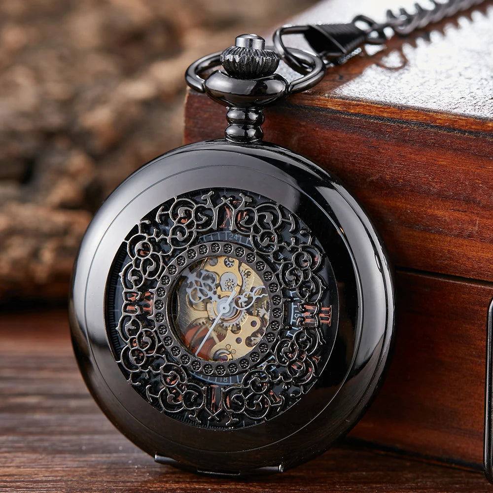 GORBEN Antique Flip-Out Black-Gold Round Shaped Stainless Steel Metal Analog Display Glass Window Mechanical Face Hand Winding Hollow-Out Case Chain-Pocket Watches/With Box-Without Box