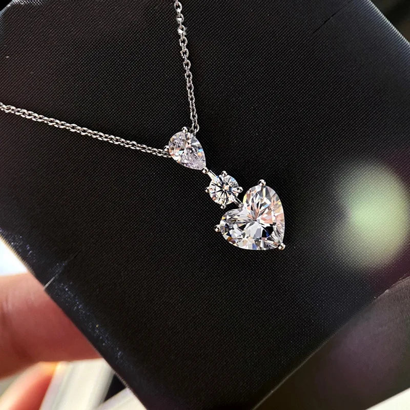 VECALON 2 PCS Adult Women Fine Sterling Silver-Plated Metal Shiny Clear Heart Shaped Zircon Stone Long Dangle Water Drop Earrings-Sterling Sliver-Plated Zircon Stone Heart Shaped Necklace Jewelry Sets