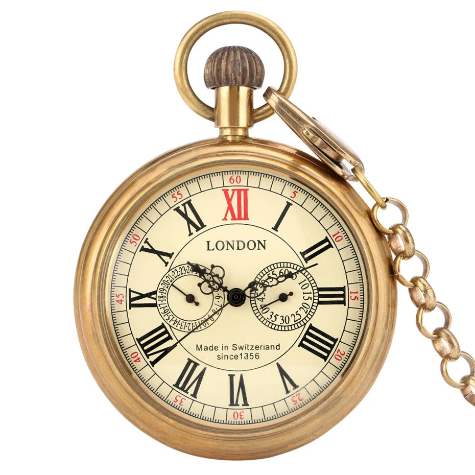 YISUYA Adults Antique Copper Color Round Shaped Acrylic Glass Face Hand Winding Stainless Steel Metal Case Skeleton Dial Roman Numeral London 1856-5 Hands Mechanical Chain-Pocket Watches