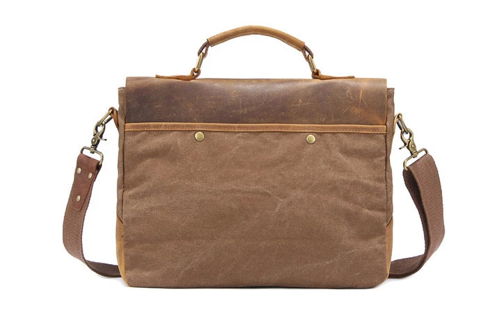 MUNUKI Men Vintage Convertible Thick Canvas Brown-Gray Cowhide Leather Soft Handle-Detachable Shoulder Strap Zipper-Hasp Cotton Lining 14 Inch Laptop Single Compartment External Pockets Business Briefcases/Colors-Gray/Brown