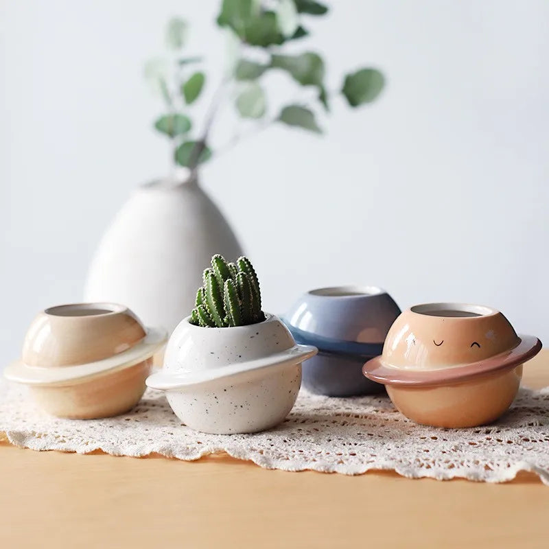 No-EN-Name-Null Glazed Mini Brown Porcelain Ceramic Succulent Round Mouth Creative Cute Cartoon Smiling Eyes-Nose Saturn Planet Shaped Desktop Flowerpots Planters /Colors-Dots/Beige/White/Blue/Brown/Multicolor