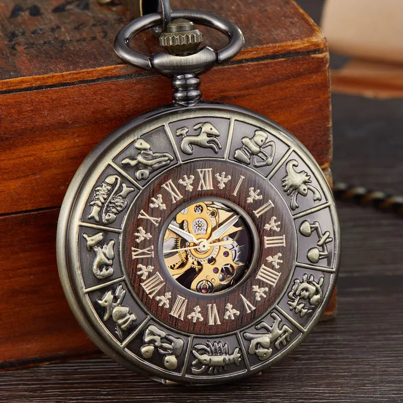 GORBEN Adults Unisex Antique Quartz Hand Winding Roman Numeral Bronze Round Shaped Stainless Steel Metal Case Acrylic Face Hollow-Out Solid Wood Steampunk Skeleton Dial Mechanical Chain-Pocket Watches