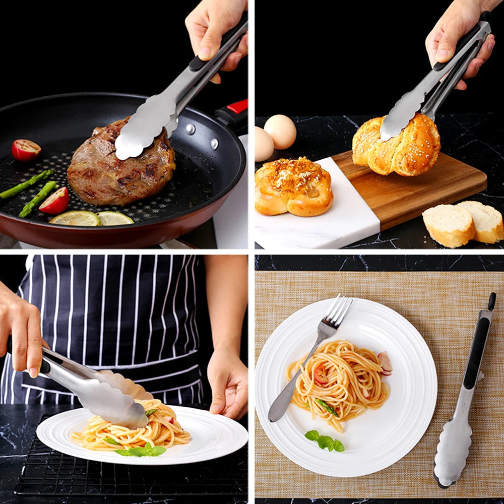 9-12-16 Inch Kitchen Long Silver Stainless Steel Non-Slip Black Silicone Handle BBQ Tongs/Lock-Hanging Hole/ High Temperature Resistant