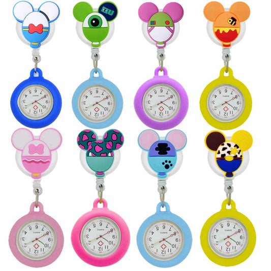 No-EN-Name-Null Adults Waterproof Glass Face Yellow Silicone Cover Round Shaped Metal Alloy Case Quartz Analog-Digital Display Cartoon Mickey Mouse Head Design Retractable Badge Reel-Fob Pocket Watches/Colors-Pink/Light Blue/Neon Pink/Dark Blue/Yellow
