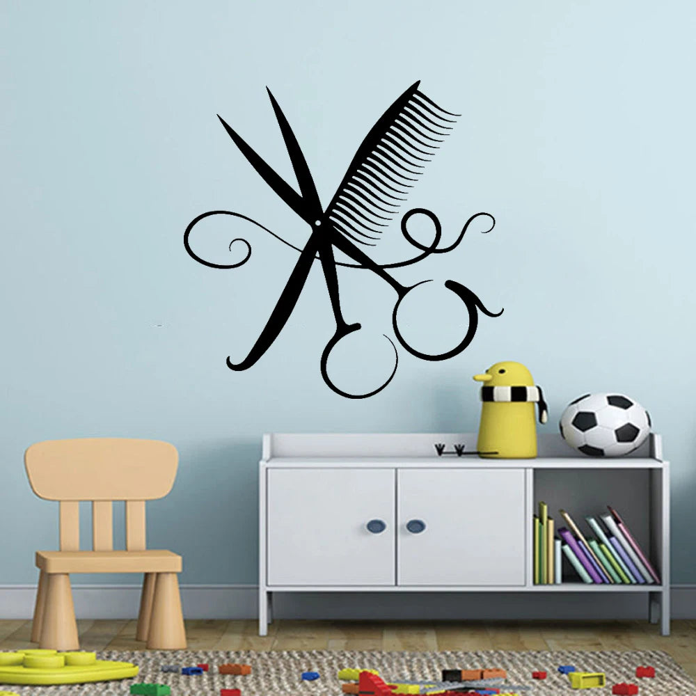 No-EN-Name-Null Modern Fashion Matte Black Vinyl Scissor-Comb Barber Shop Wall Art Home Decor Decals/Colors-Black/Red/Multicolor