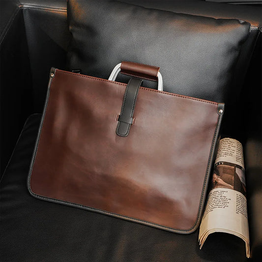 Brown Faux Leather Polyester Lining Interior/Exterior Zipper Slit Pockets Crossbody Shoulder Strap-Handles Briefcase Bags/Fits 14 Inch Laptop/Laptop Compartment