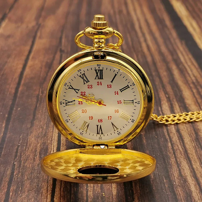 SHUHANG Adults Quartz Digital-Analog Display Plastic Face Gold-Black Round Shaped Stainless Steel Metal Case Hallow-Out Roman Numerals Pendant Chain-Pocket Watches