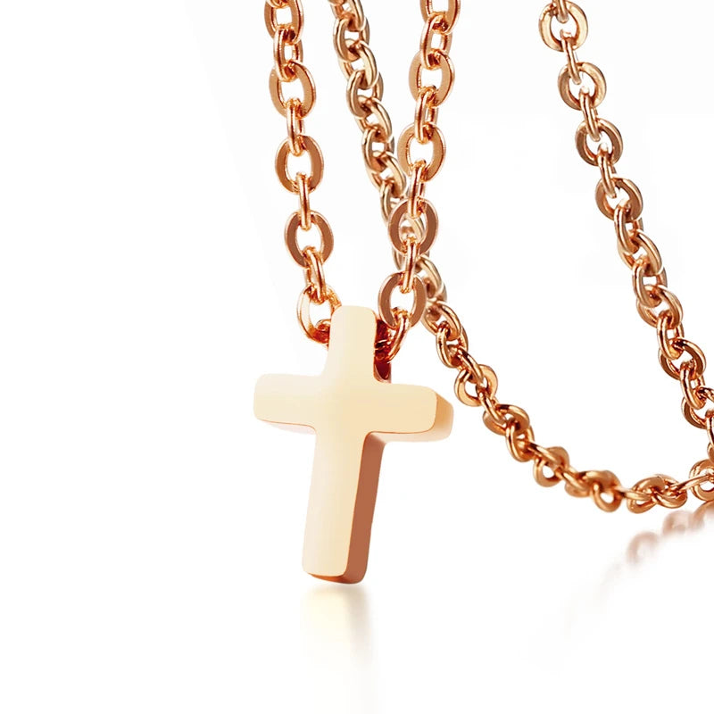 MEAEGUET Women Fine Imitation Tiny Dainty Sideway Cross Pendant Stainless Steel Three-Layer Gold-Plated Link Large Choker Chain Necklaces/Colors-Rose Gold/Gold/Silver