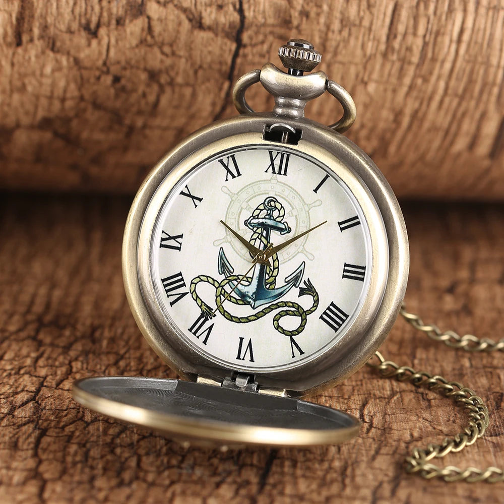 YISUYA Adults Waterproof Antique Japanese Quartz Bronze-Silver Metal Alloy Round Shaped Case 12 Hour Display Acrylic Face 3D Anchor-Rope Design Necklace Chain-Pocket Watches