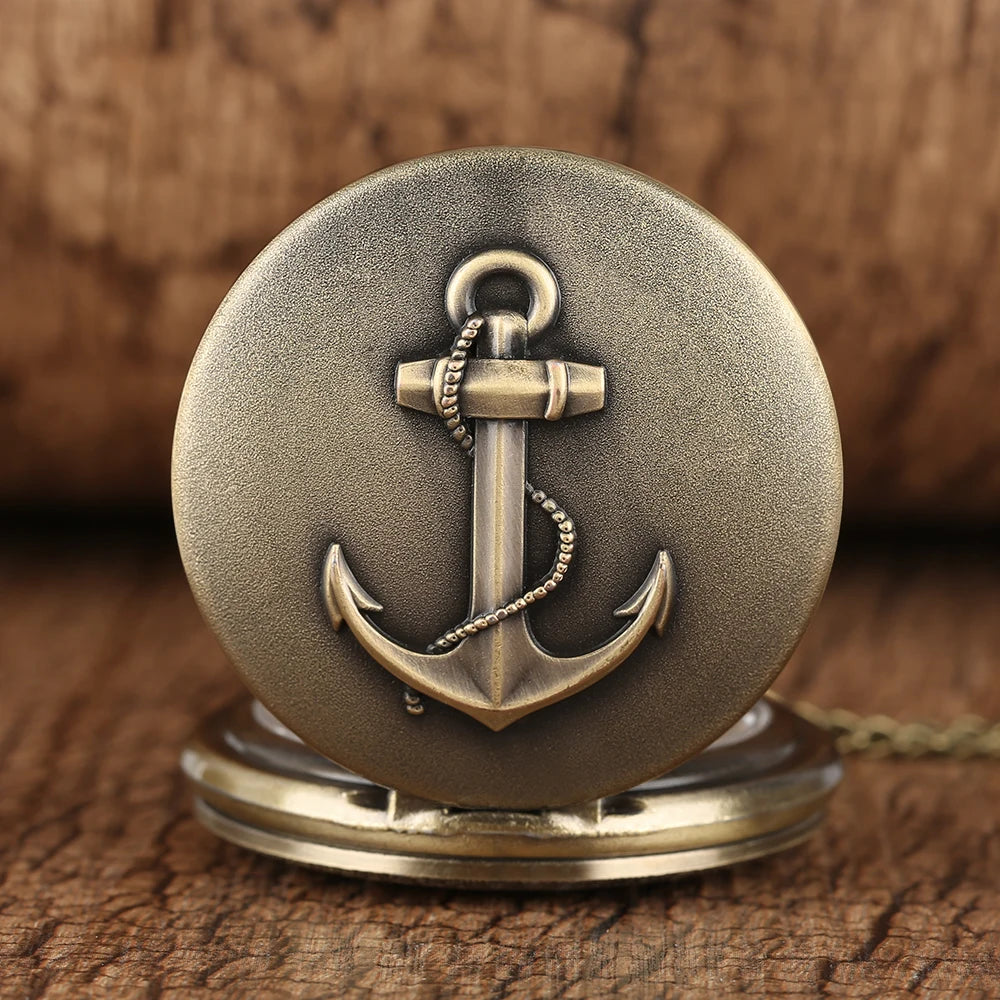 YISUYA Adults Waterproof Antique Japanese Quartz Bronze-Silver Metal Alloy Round Shaped Case 12 Hour Display Acrylic Face 3D Anchor-Rope Design Necklace Chain-Pocket Watches