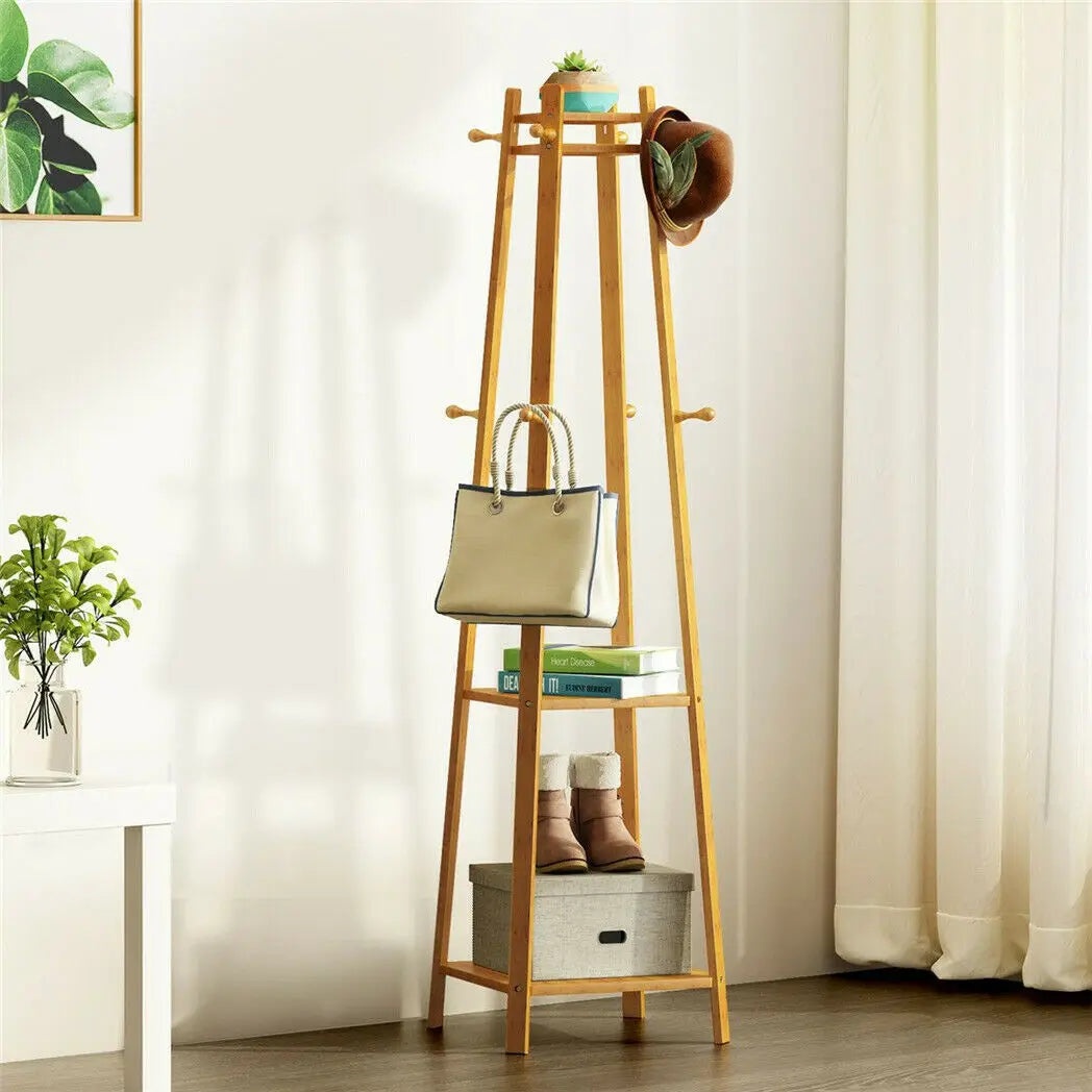 BINGOPAW Modern Free-Standing Brown-Beige Bamboo Wood Two Shelves Eight Hooks Cloths-Coat Garment Racks/ Colors-Brown/Beige