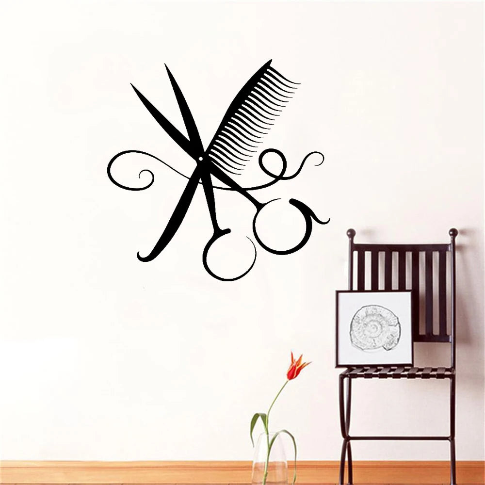 No-EN-Name-Null Modern Fashion Matte Black Vinyl Scissor-Comb Barber Shop Wall Art Home Decor Decals/Colors-Black/Red/Multicolor