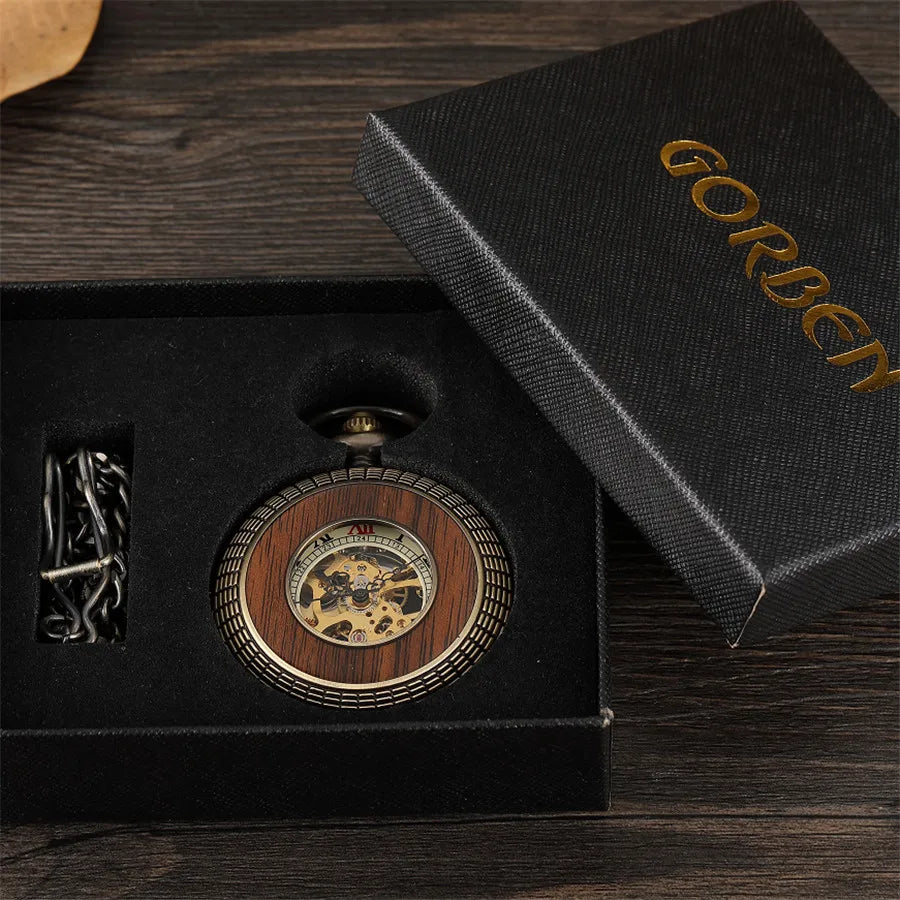 GORBEN Adults Unisex Antique Quartz Hand Winding Roman Numeral Bronze Round Shaped Stainless Steel Metal Case Acrylic Face Hollow-Out Solid Wood Steampunk Skeleton Dial Mechanical Chain-Pocket Watches