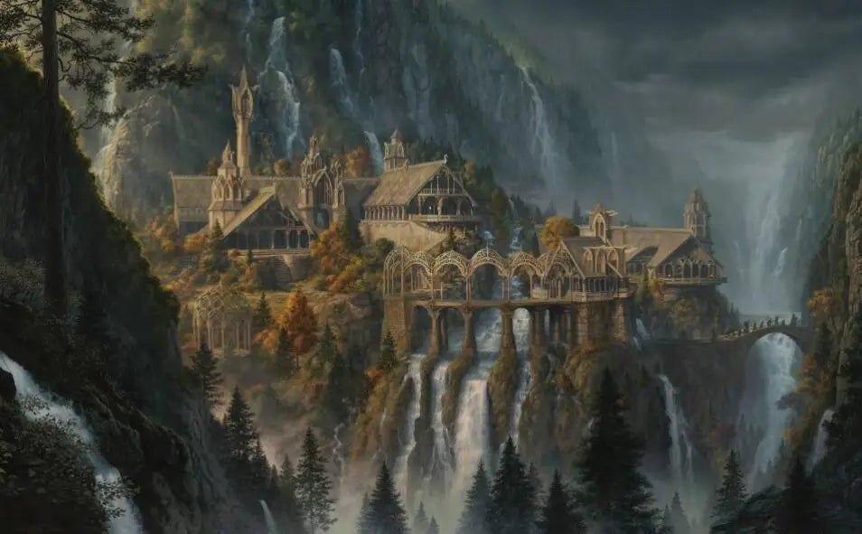 Unframed Canvas Waterproof Ink Middle-Earth Rivendell Landscape Art Prints/ Colors-Green/Beige