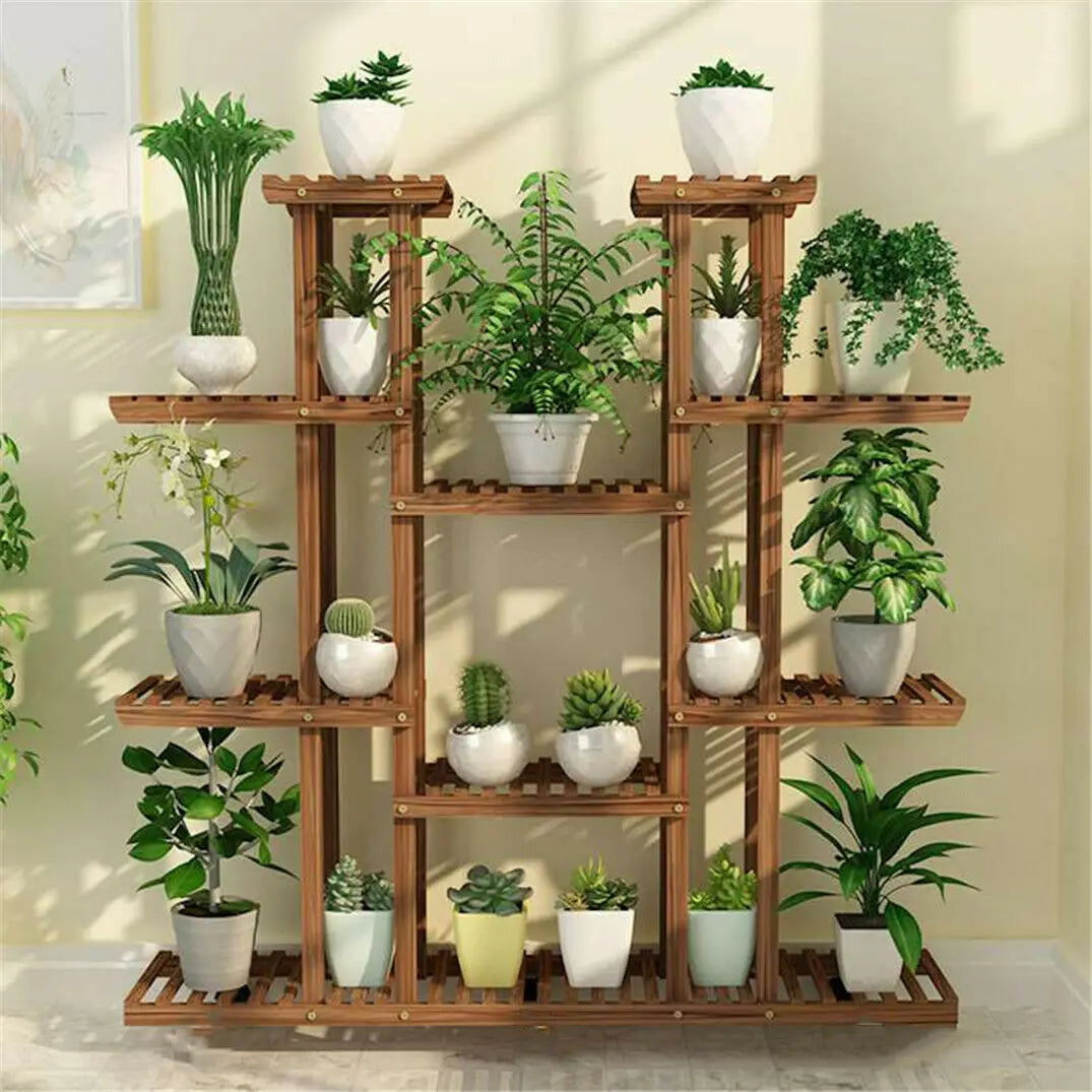 BINGOPAW Brown Pine Wood 9 Multi-Functional Tier Shelves Metal Screws Flower-Plant Stands /Dimension: 116 x 115cm/ 46x45in