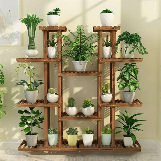 BINGOPAW Brown Pine Wood 9 Multi-Functional Tier Shelves Metal Screws Flower-Plant Stands /Dimension: 116 x 115cm/ 46x45in