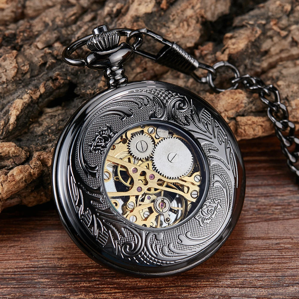 GORBEN Antique Flip-Out Black-Gold Round Shaped Stainless Steel Metal Analog Display Glass Window Mechanical Face Hand Winding Hollow-Out Case Chain-Pocket Watches/With Box-Without Box