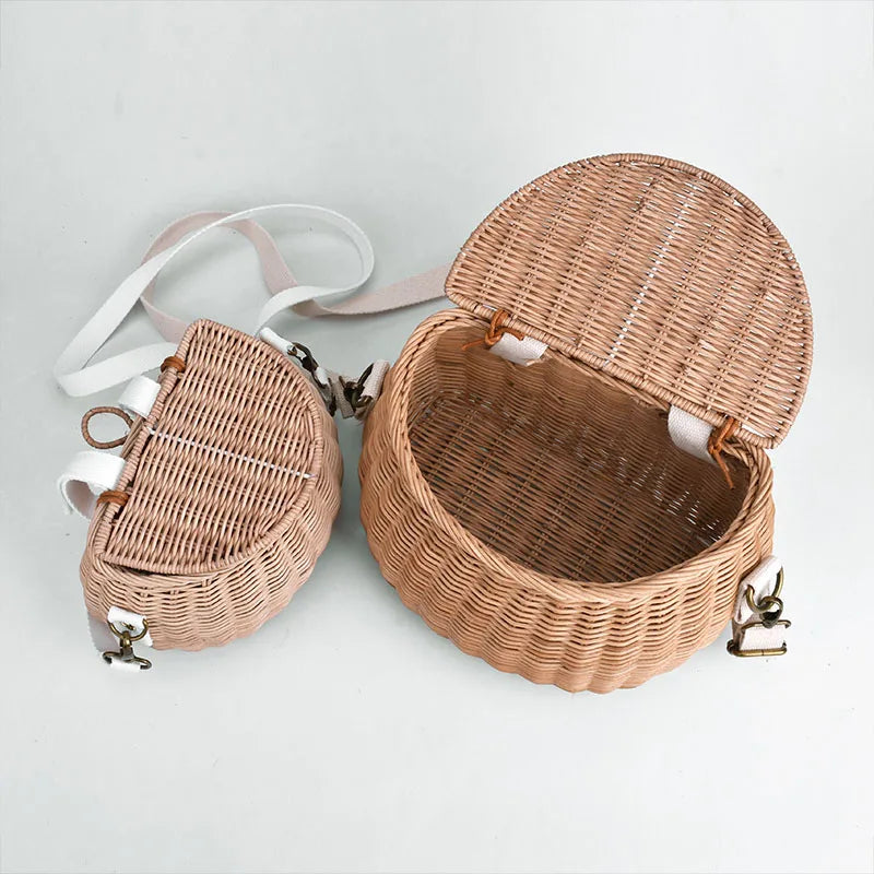 ARTMOMO Kids Lightweight External Frame Handmade Brown-Beige Rattan Criss-Cross Hollow-Out Small Linen Lining Retractable Shoulder Straps-Handle Mini Basket Backpacks/Optional-Rear Bicycle Baskets