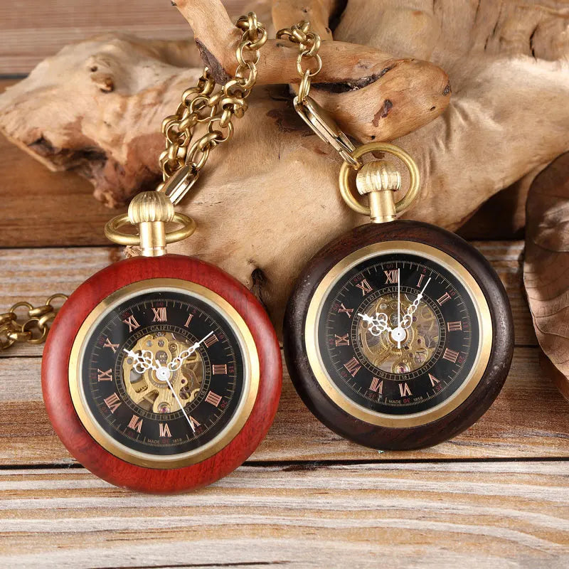 GORBEN Adults Vintage Manuel Winding Roman Numeral Carved Wood Square Shaped Case Acrylic Face Skeleton Dial Mechanical Gold Metal Open Face Fob Gold Chain-Pocket Watches