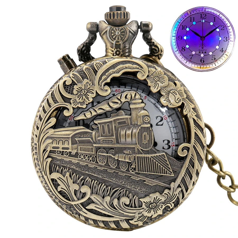 YISUYA Adults Antique Japanese Quartz Analog Display Acrylic Face Round Shaped Metal Alloy Case Hollow-Out Engraved Locomotive Train Floral Front Design Luminous LED Light Gold Chain-Pocket Watches /Colors-Gold/Bronze/Silver