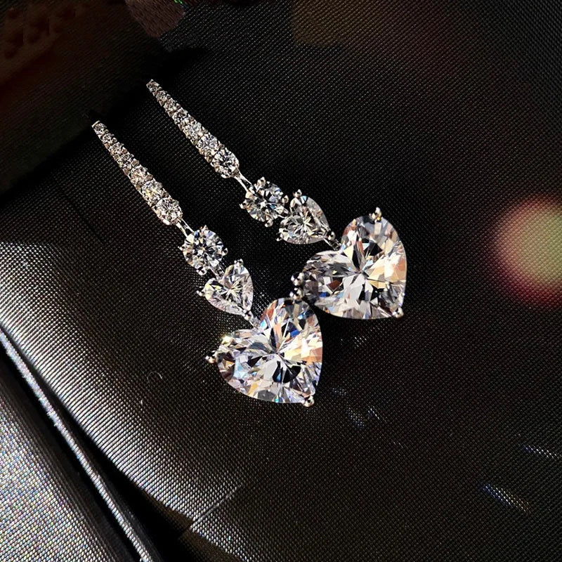 VECALON 2 PCS Adult Women Fine Sterling Silver-Plated Metal Shiny Clear Heart Shaped Zircon Stone Long Dangle Water Drop Earrings-Sterling Sliver-Plated Zircon Stone Heart Shaped Necklace Jewelry Sets