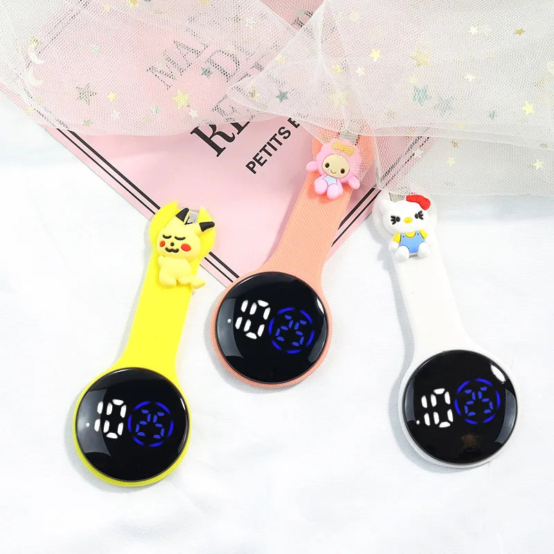 MINISO Adult Women Digital Display Plastic Round Case Cute Cartoon Anime Characters Nurse-Doctor Silicone Covered LED Light Fob On Back Metal Hook Pocket Watches/Colors-Pink/Light Pink/Yellow/White/Black/Purple/Green