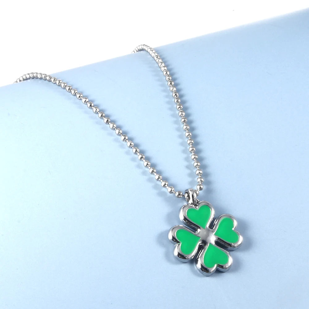 SONGCHANG Adult Women-Teen Girls Imitation Silver Metal Alloy Trim Green Four Leaf Clover Pendant Link Chain Necklaces/Colors-Black/Geometric