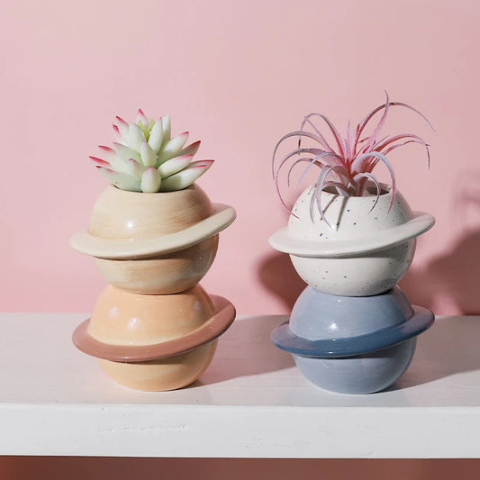No-EN-Name-Null Glazed Mini Brown Porcelain Ceramic Succulent Round Mouth Creative Cute Cartoon Smiling Eyes-Nose Saturn Planet Shaped Desktop Flowerpots Planters /Colors-Dots/Beige/White/Blue/Brown/Multicolor
