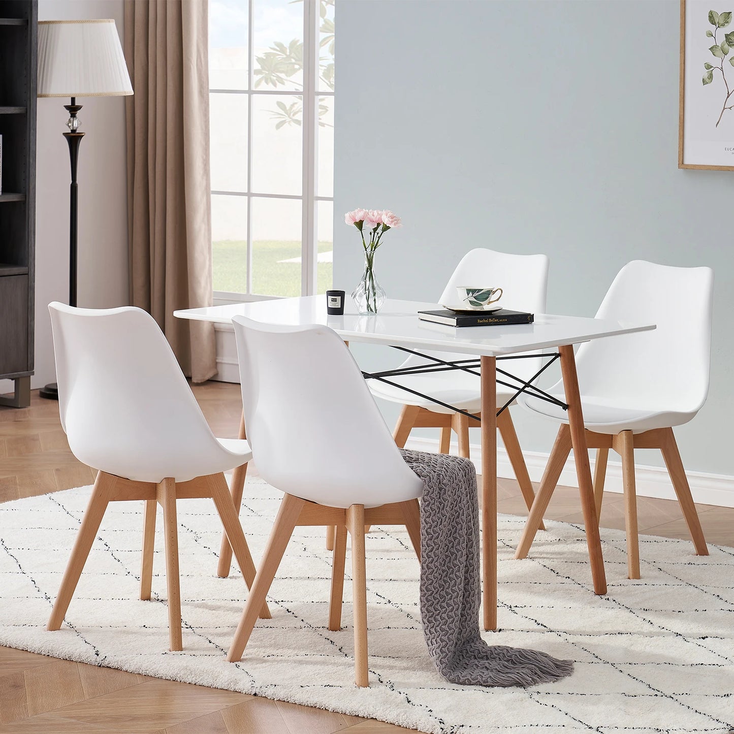 EGOONM Nordic 4 pcs Solid Wood Base Dining Faux Leather Armless Plastic Upholstered Cushion Paver Chair Set/ Colors-Beige/White/Blue/Gray/Black/Yellow
