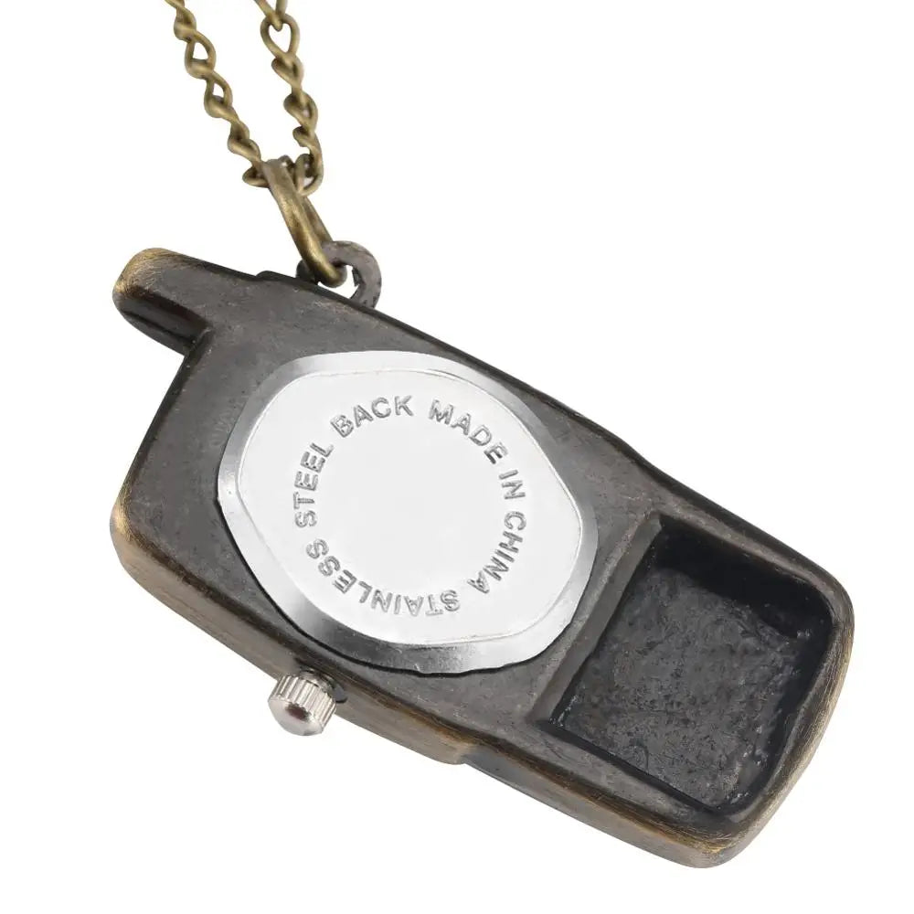 YISUYA Unisex Adults Quartz Small Bronze-White Face Mobile Cell Phone Shaped Stainless Steel Metal Case Acrylic Face 12-Hour Dial Analog Display Pendant Necklace Chain-Pocket Watches