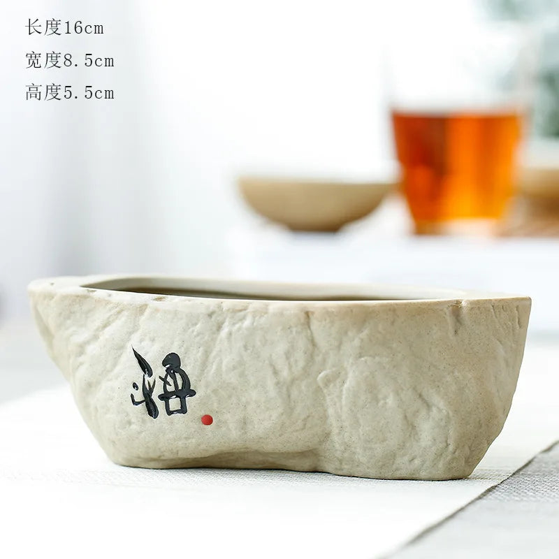 Home Garden Round Glazed Ceramic Beige-Green Color Black Chinese Writing Design Non-Porous Perforated Desktop Flower Pots