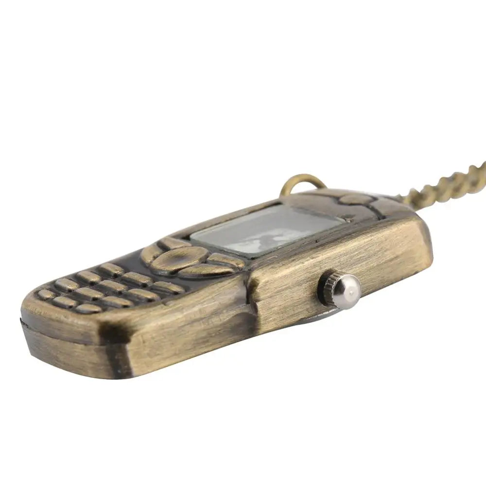 YISUYA Unisex Adults Quartz Small Bronze-White Face Mobile Cell Phone Shaped Stainless Steel Metal Case Acrylic Face 12-Hour Dial Analog Display Pendant Necklace Chain-Pocket Watches