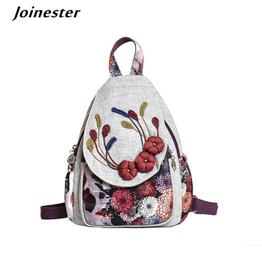 Women Lightweight Zipper Softback Floral Bohemian Handmade Linen Polyester Backpacks/ External Pockets/Back Strays-Handle/Purple/Gray/Multicolor
