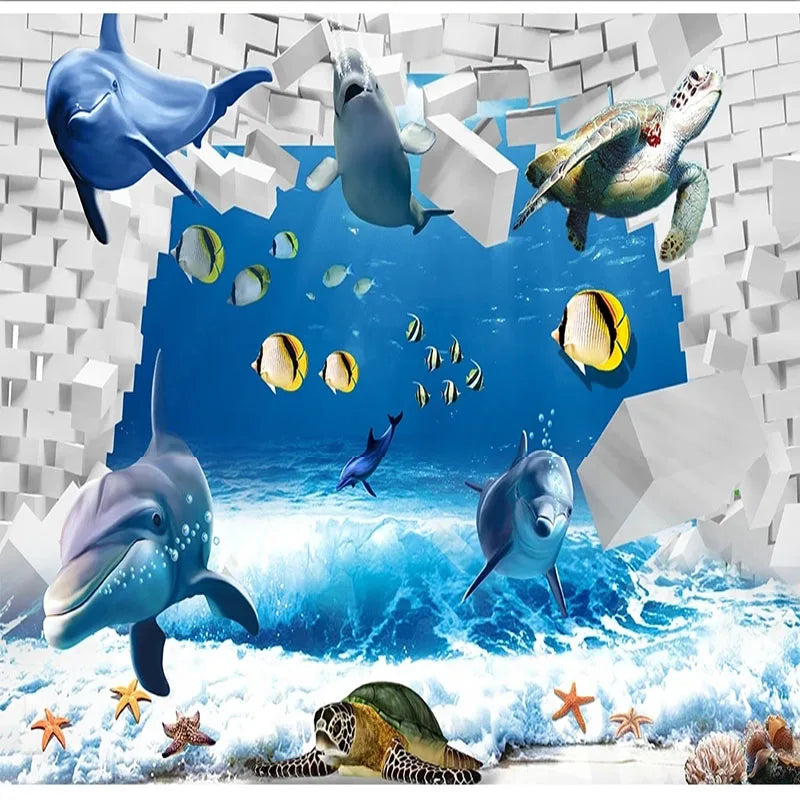 JIADOU Modern Kids Waterproof Canvas Customized Self-Adhesive Printed Blue-White 3D Cartoon Ocean Scene-Dolphins-Fishes-Sea Turtle Removable Peel-N-Stick Vinyl Mural Wallpaper/Colors-Blue/White/Animal
