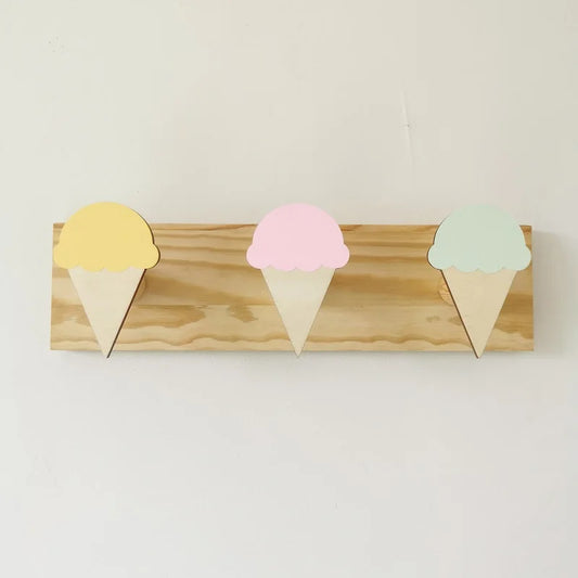 Girls Wood Cartoon Animal Rabbits-Ice Cream-Fairies 3 Hooks Wall Mounted Coat Rack