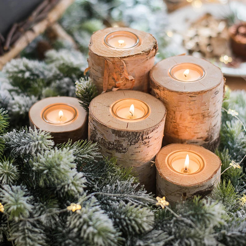 No-EN-Name-Null Modern Brown-Beige Solid Wood Small Tree Logs Design Matching Cup Tealight Candle Holders