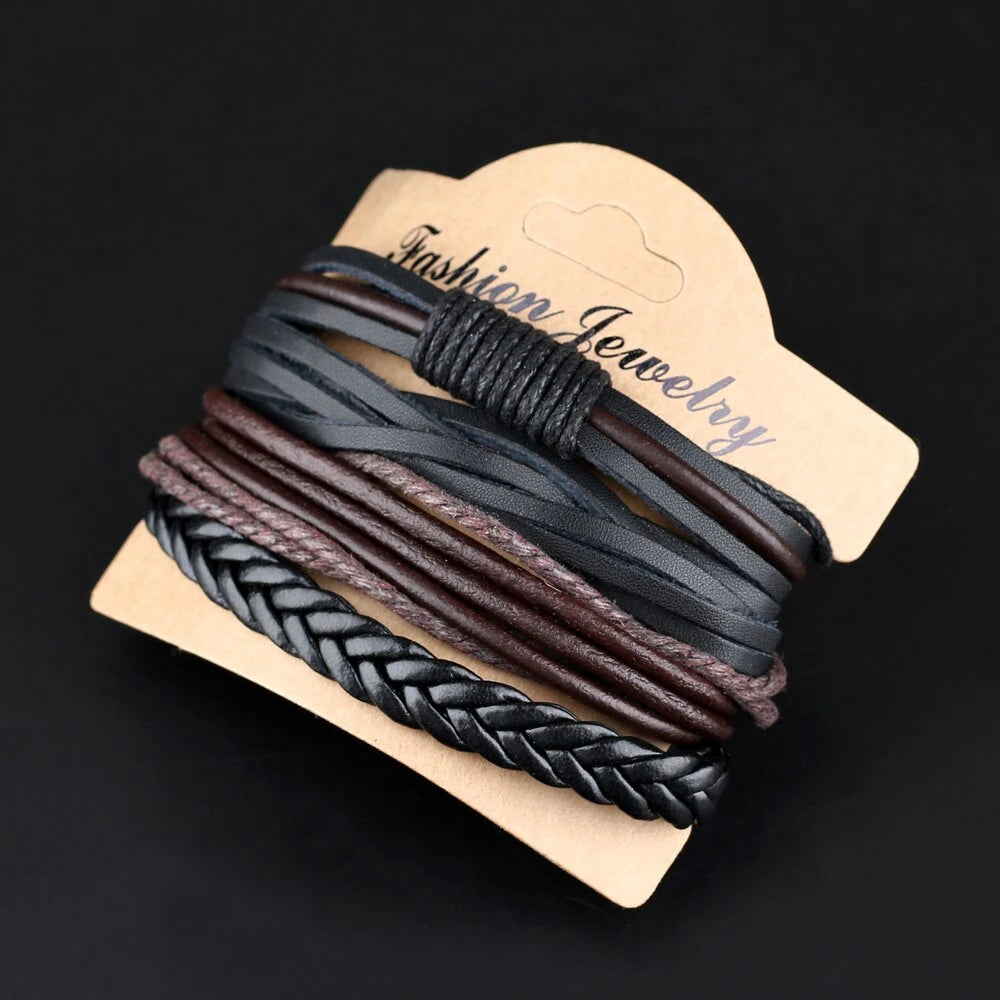 LIUJUN 4 PCS Adult Men Vintage Imitation Geometric Black-Brown Multilayer Rope Chain Woven Beaded Cord Leather Lace-Up Clasp Round Bracelets Sets