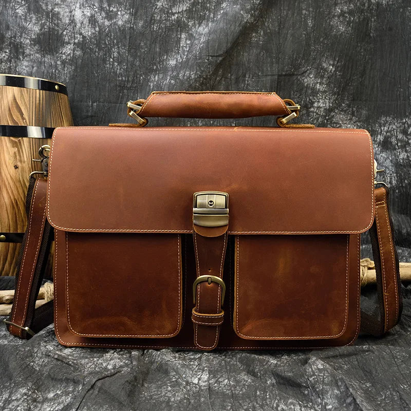NEWSBIRDS Men Modern Rectangle Shaped Brown-Black Genuine Cowhide Leather Built-In 14-15.6 Inch Single Laptop Compartment Metal Zipper Two Handles-Detachable-Adjustable Shoulder Strap Briefcases