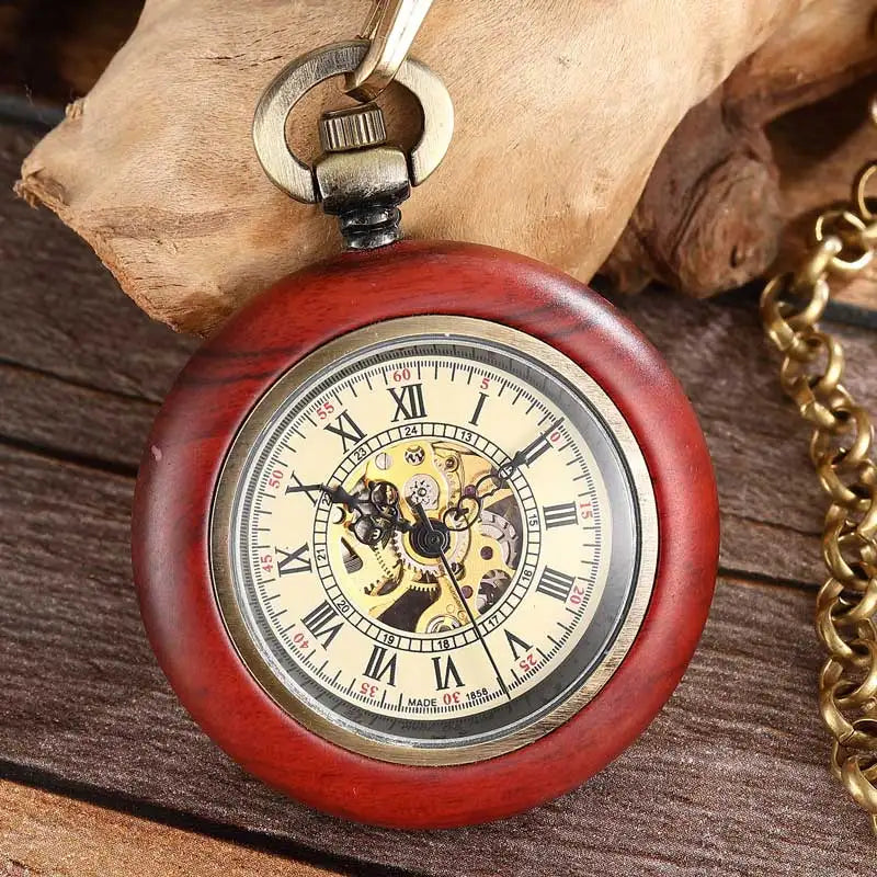 GORBEN Adults Vintage Manuel Winding Roman Numeral Carved Wood Square Shaped Case Acrylic Face Skeleton Dial Mechanical Gold Metal Open Face Fob Gold Chain-Pocket Watches