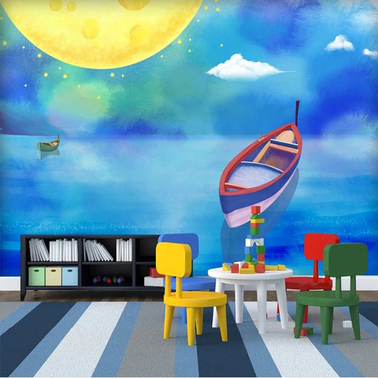 JIADOU Kids Waterproof Canvas Custom Any Size 3D Cute Cartoon Boats-Night Sky-Moon-Stars Wood Fiber Paper Back-Vinyl Peel-N-Stick Canvas Plastic Self-Adhesive Mural Wallpaper/Colors-Blue/Green/White/Multicolor