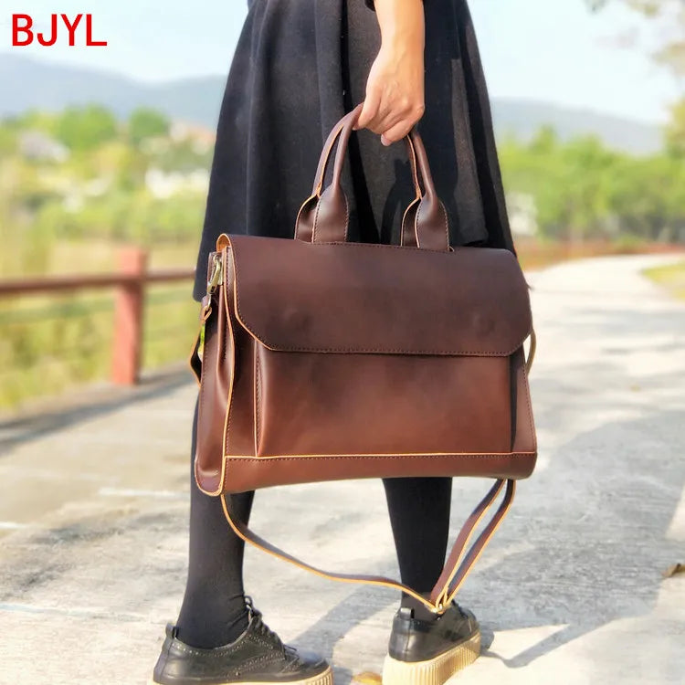 No-EN-Name-Null Women Modern Brown Rectangle Shaped Hard Faux Leather Metal Zipper A4 File Document Bag Polyester Lining Built-In 14 Inch Laptop Compartment One Shoulder Soft Straps-Two Soft Handles Business Briefcases/ Colors-Black/Brown/Gray